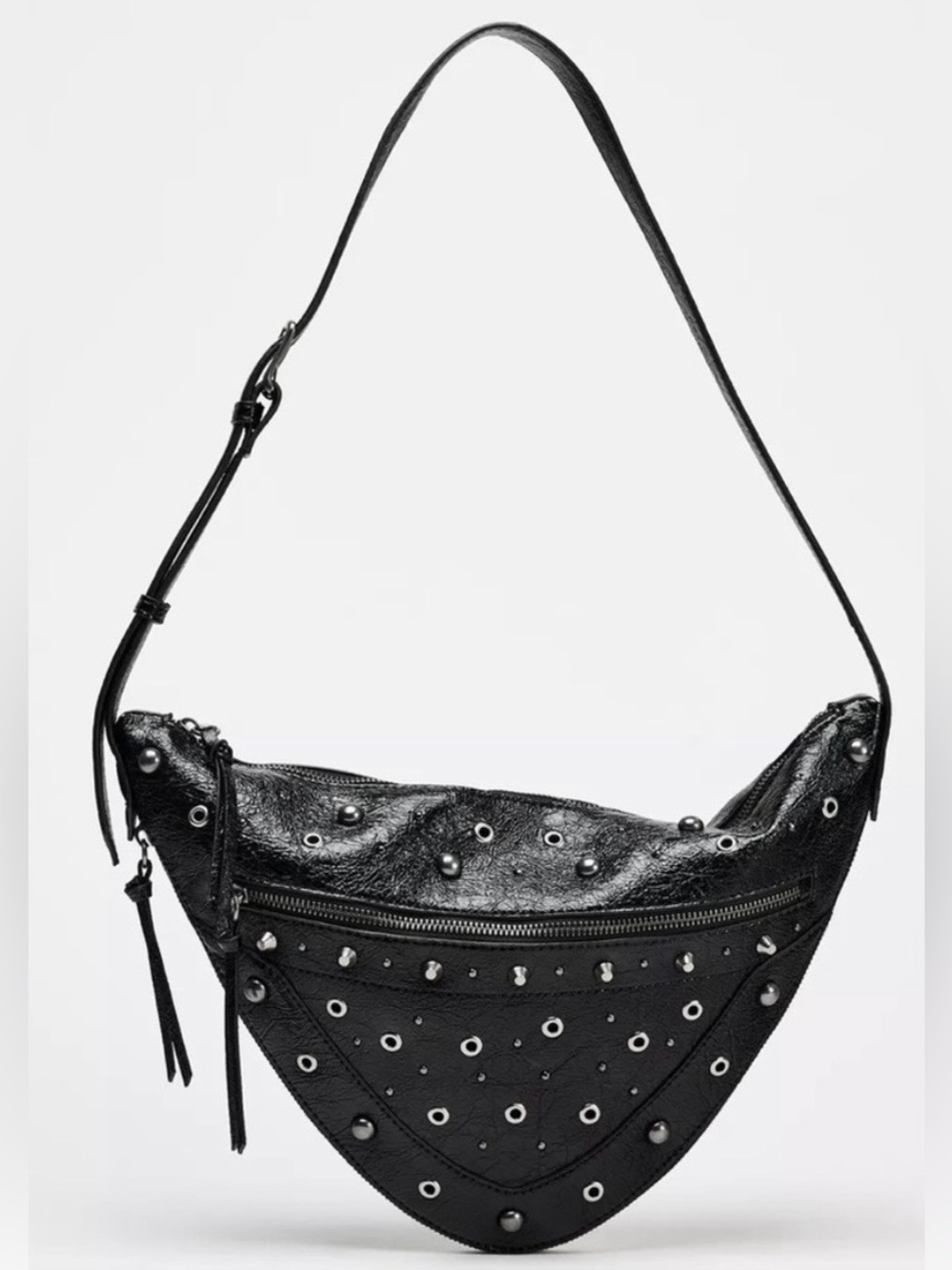 Zara black studded grommet crescent shoulder bag faux leather